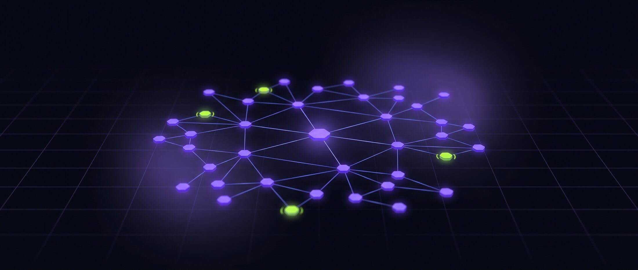 A constellation of connected agent nodes glowing violet on a dark grid, with active agents highlighted in green