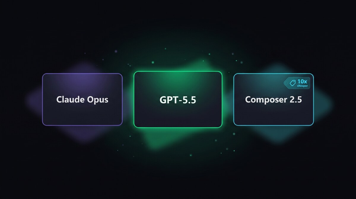 Three AI model provider cards representing Claude Opus, GPT-5.5, and Cursor Composer 2.5 on a dark background