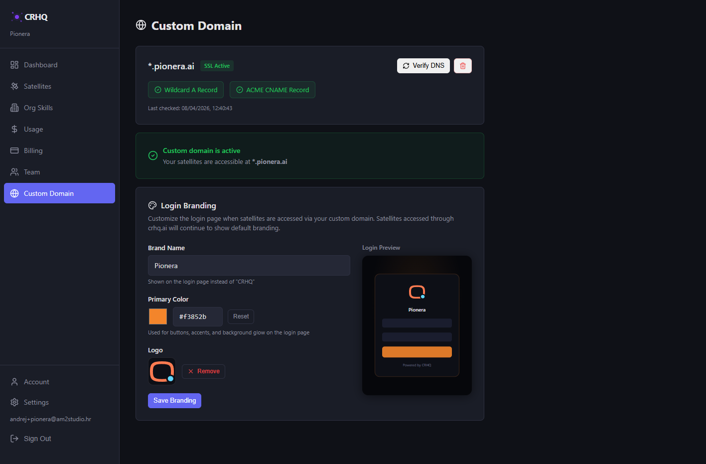 Custom Domain dashboard with branding controls