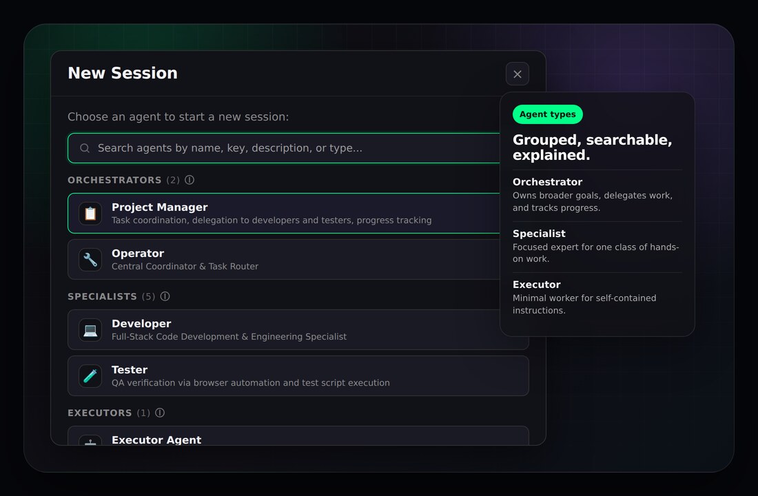 The New Session agent picker showing grouped Orchestrators, Specialists, and Executors, plus a search box and an agent type explainer.