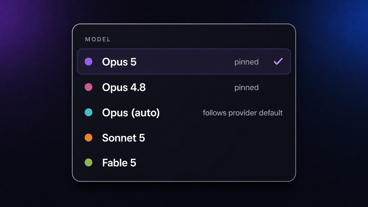 Claude Opus 5 shown as a pinned model version in the CRHQ model picker, next to Opus 4.8.