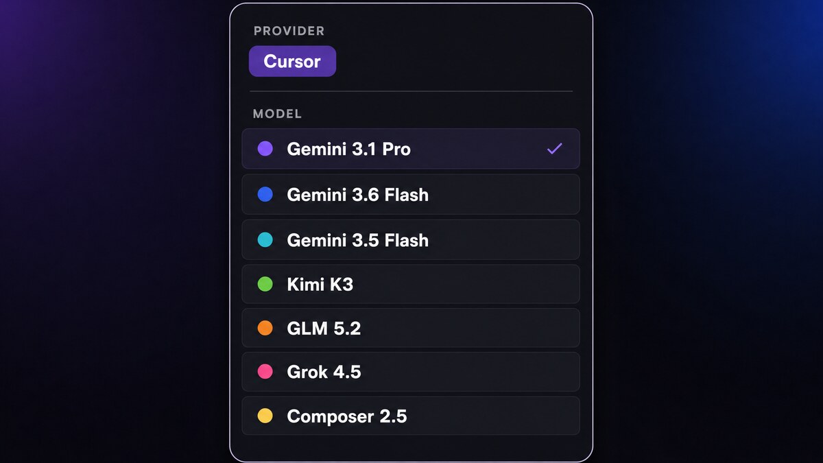 The CRHQ model picker with the Cursor provider selected, showing Gemini, Kimi, GLM and Grok alongside Composer.