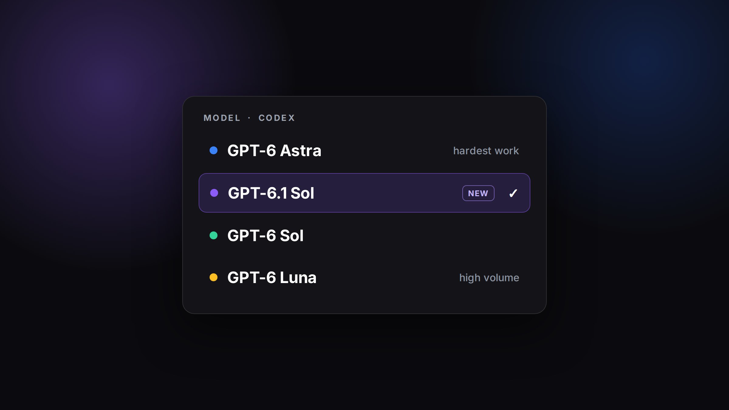 GPT-6.1 Sol selected in the CRHQ model picker, next to GPT-6 Astra and GPT-6 Sol.