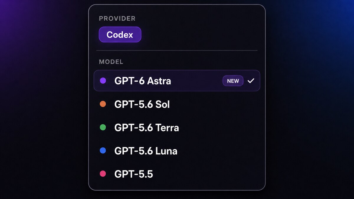 GPT-6 Astra shown at the top of the Codex model list in the CRHQ model picker.