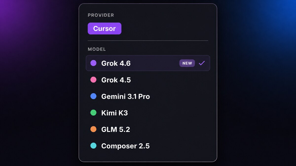 The CRHQ model picker with the Cursor provider selected and Grok 4.6 highlighted.