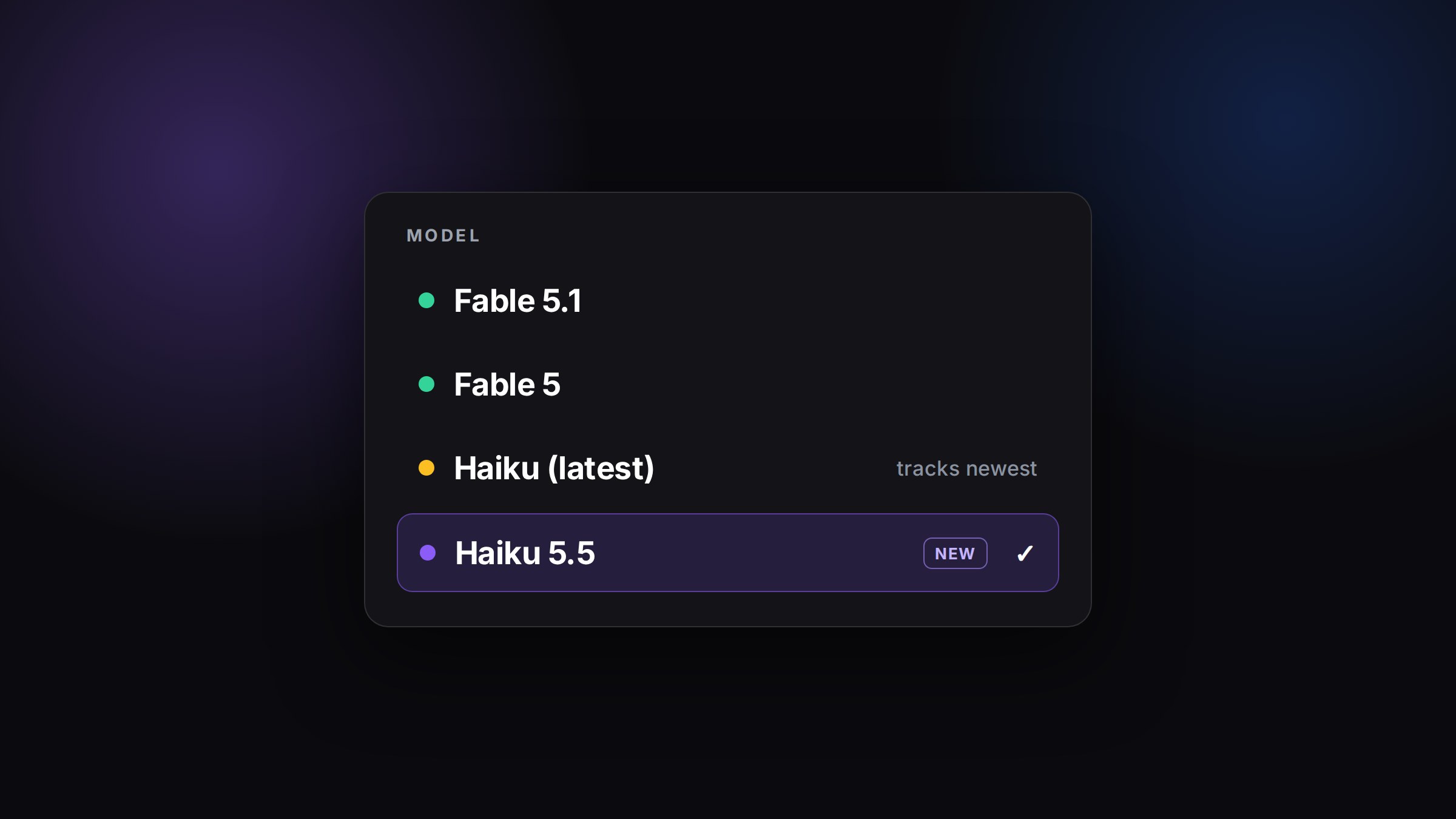 Claude Haiku 5.5 selected at the end of the Claude list in the CRHQ model picker, below Fable 5.1, Fable 5 and Haiku (latest).