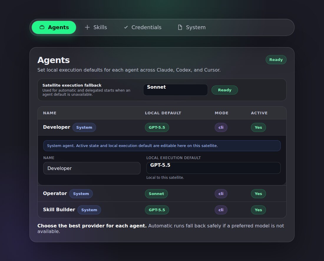 The Agents settings screen showing a satellite execution fallback and local execution defaults for system agents.