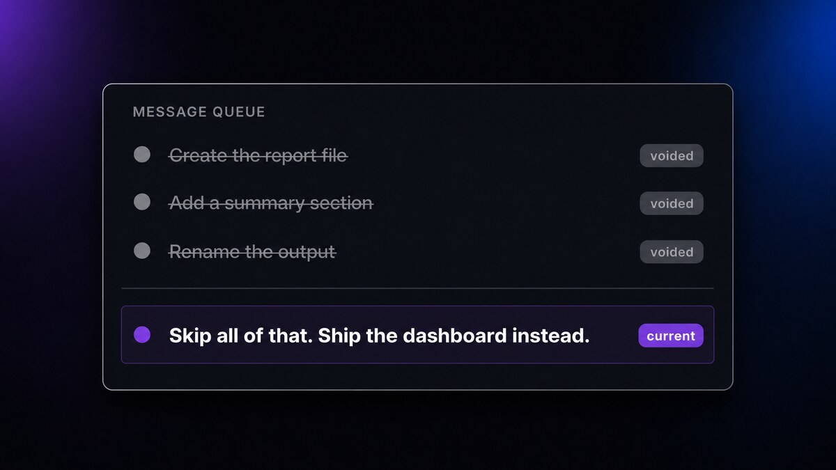 An agent's pending message queue, with superseded messages consolidated into a single current instruction.