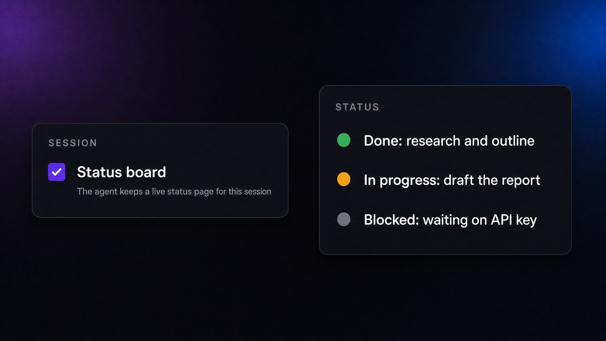 The Status board toggle in a session's details panel, with the option to keep a live status artifact updated.