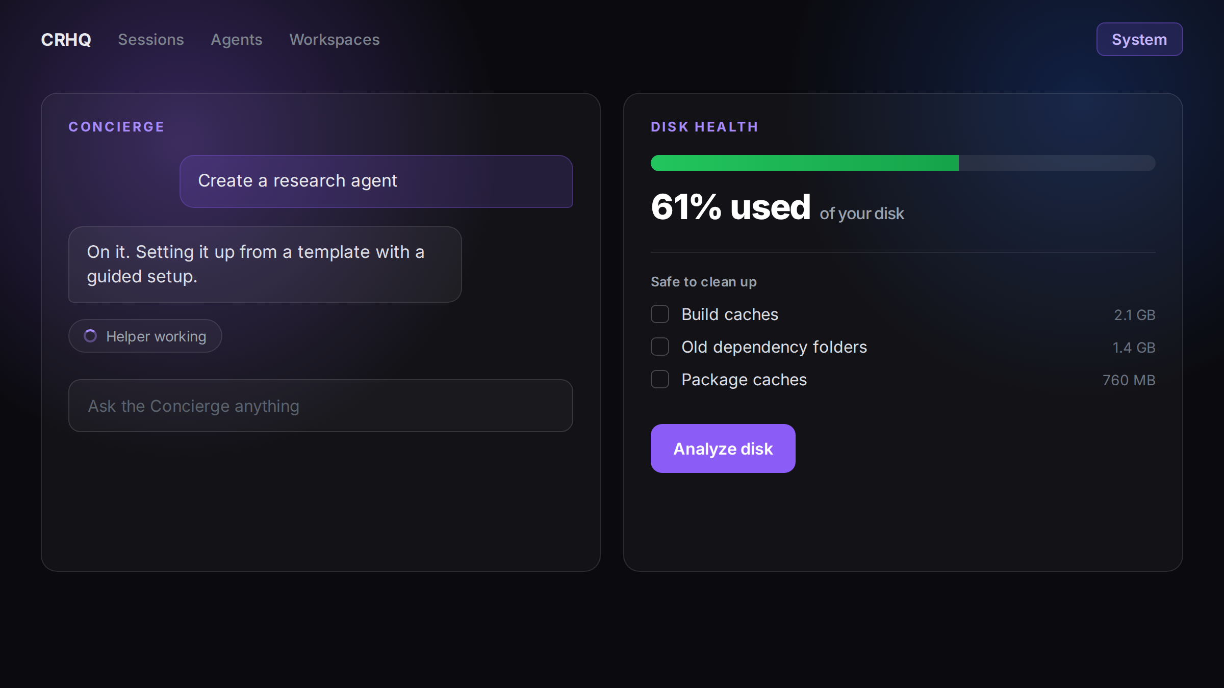 The System page: the CRHQ Concierge on the left, server and disk health on the right.