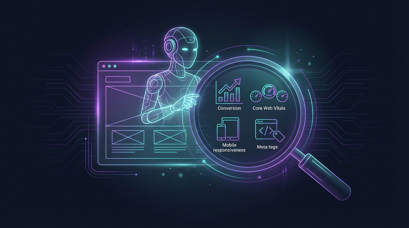 AI agent performing a landing page SEO audit — checking Core Web Vitals, conversion elements, mobile responsiveness, and meta structure